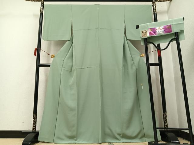平和屋着物●上質な色無地　山葵色　浜ちりめん　反端付き　正絹　逸品　AABK5243ph