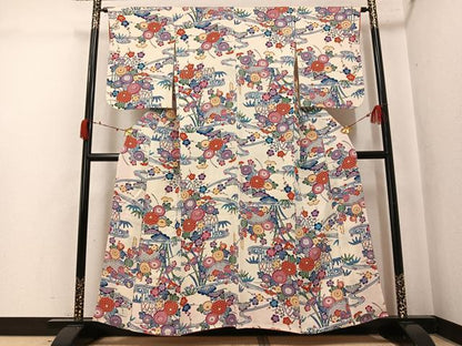 平和屋着物●上質な小紋　紅型　鴛鴦籬花文　鬼しぼ縮緬　正絹　逸品　AABK5244ph