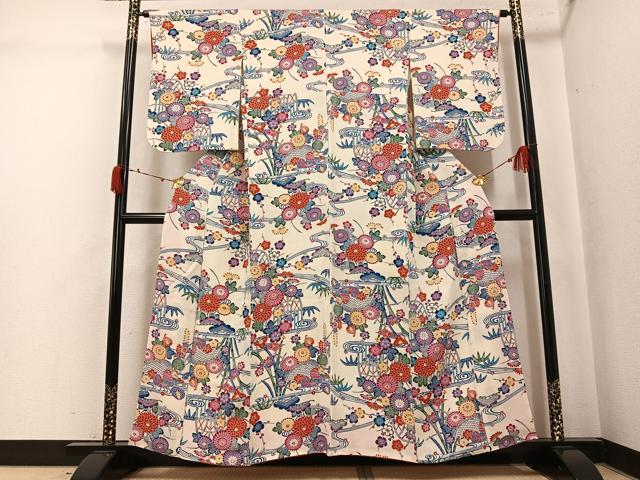 平和屋着物●上質な小紋　紅型　鴛鴦籬花文　鬼しぼ縮緬　正絹　逸品　AABK5244ph