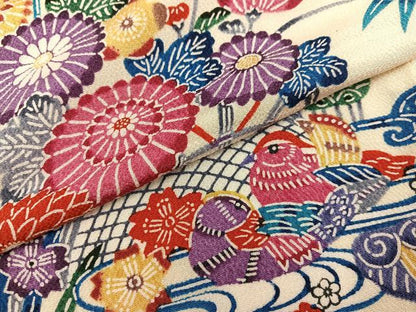 平和屋着物●上質な小紋　紅型　鴛鴦籬花文　鬼しぼ縮緬　正絹　逸品　AABK5244ph