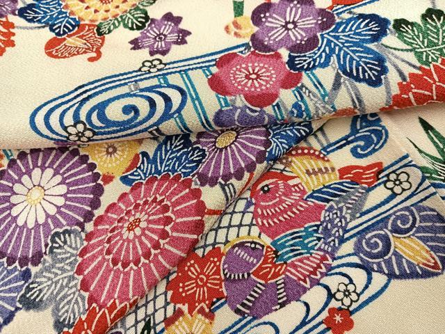 平和屋着物●上質な小紋　紅型　鴛鴦籬花文　鬼しぼ縮緬　正絹　逸品　AABK5244ph