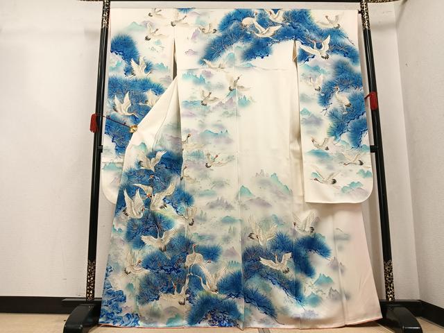 平和屋着物●豪華振袖　駒刺繍　群鶴松文　暈し染め　金彩　正絹　逸品　AABK5247ph