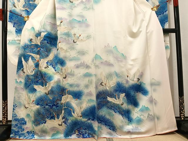平和屋着物●豪華振袖　駒刺繍　群鶴松文　暈し染め　金彩　正絹　逸品　AABK5247ph