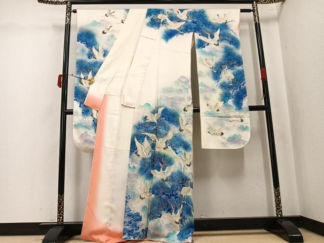 平和屋着物●豪華振袖　駒刺繍　群鶴松文　暈し染め　金彩　正絹　逸品　AABK5247ph