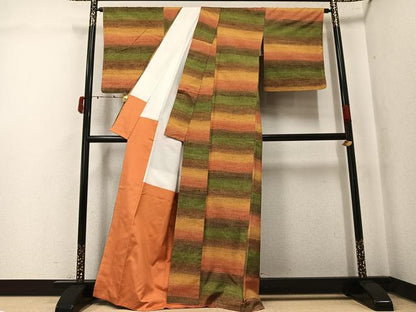 平和屋着物●上質な紬　横段文　正絹　逸品　AABK5253ph