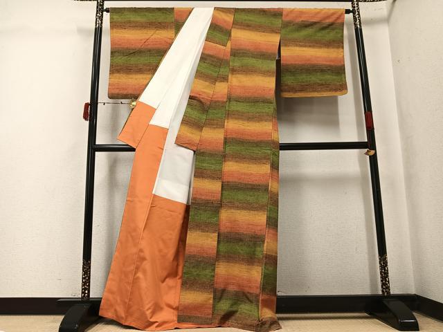平和屋着物●上質な紬　横段文　正絹　逸品　AABK5253ph