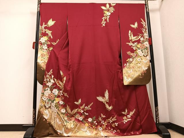 平和屋着物●豪華振袖　駒刺繍　花蝶文　暈し染め　金彩　正絹　逸品　AABK5256ph