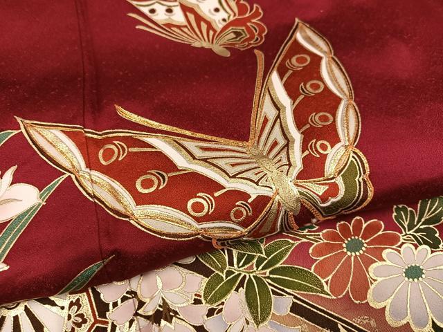 平和屋着物●豪華振袖　駒刺繍　花蝶文　暈し染め　金彩　正絹　逸品　AABK5256ph