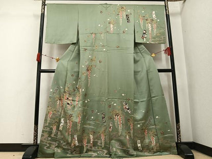 平和屋着物●訪問着　駒刺繍　短冊花文　金彩　正絹　逸品　未使用　AABK5259ph