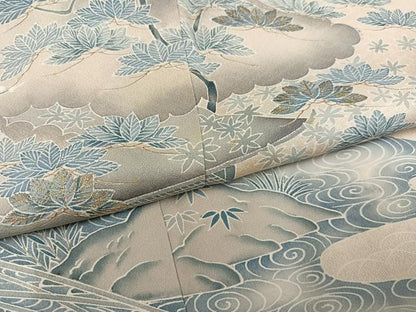 平和屋着物●豪華色留袖　刺繍　流水草花風景文　金糸　正絹　逸品　AABK5265ph