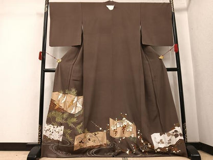 平和屋着物●豪華色留袖　駒刺繍　群鶴葡萄花屛風　金彩　正絹　逸品　AABK5266ph