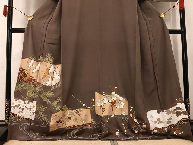 平和屋着物●豪華色留袖　駒刺繍　群鶴葡萄花屛風　金彩　正絹　逸品　AABK5266ph