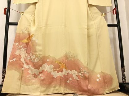 平和屋着物●豪華色留袖　駒刺繍　飛鶴草花文　暈し染め　金彩　正絹　逸品　AABK5267ph