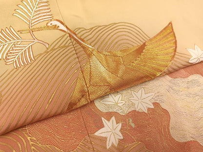 平和屋着物●豪華色留袖　駒刺繍　飛鶴草花文　暈し染め　金彩　正絹　逸品　AABK5267ph