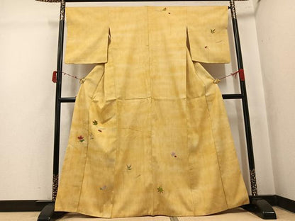 平和屋着物●訪問着　紬地　総刺繍　草花文　金糸　正絹　逸品　AABK5275ph