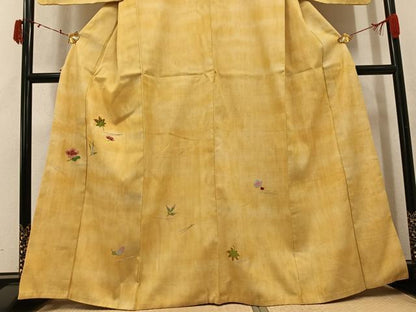 平和屋着物●訪問着　紬地　総刺繍　草花文　金糸　正絹　逸品　AABK5275ph
