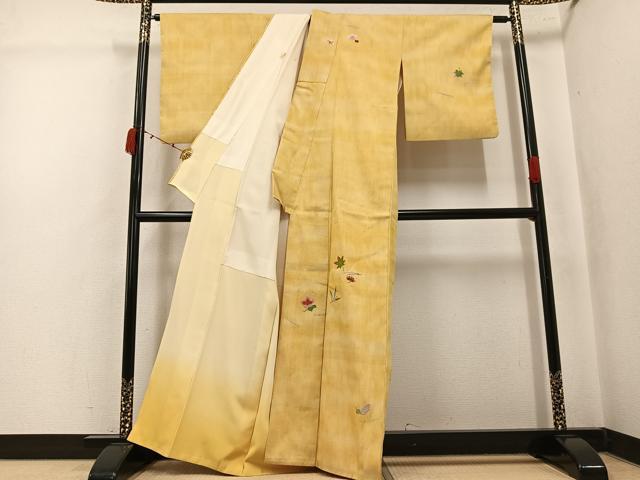 平和屋着物●訪問着　紬地　総刺繍　草花文　金糸　正絹　逸品　AABK5275ph