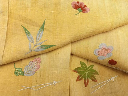 平和屋着物●訪問着　紬地　総刺繍　草花文　金糸　正絹　逸品　AABK5275ph