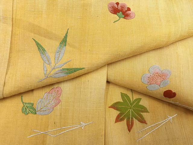 平和屋着物●訪問着　紬地　総刺繍　草花文　金糸　正絹　逸品　AABK5275ph