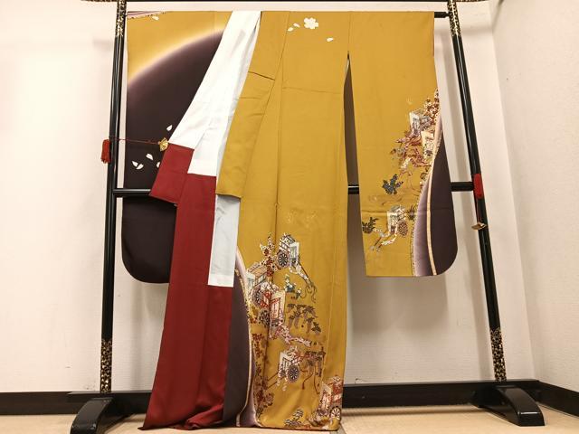 平和屋着物●豪華振袖　駒刺繍　御所車花文　金彩　正絹　逸品　AABK5291ph