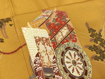 平和屋着物●豪華振袖　駒刺繍　御所車花文　金彩　正絹　逸品　AABK5291ph
