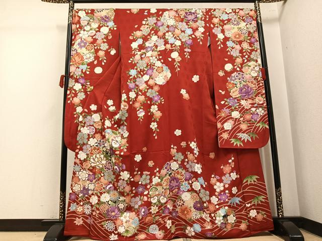 平和屋着物●豪華振袖　駒刺繍　枝花文　金彩　正絹　逸品　AABK5299ph
