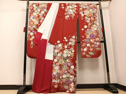 平和屋着物●豪華振袖　駒刺繍　枝花文　金彩　正絹　逸品　AABK5299ph
