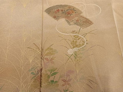 平和屋着物▼訪問着　中国三大刺繍　汕頭刺繍　スワトウ刺繍　地紙草花文　暈し染め　金彩　正絹　逸品　AABK5305ph