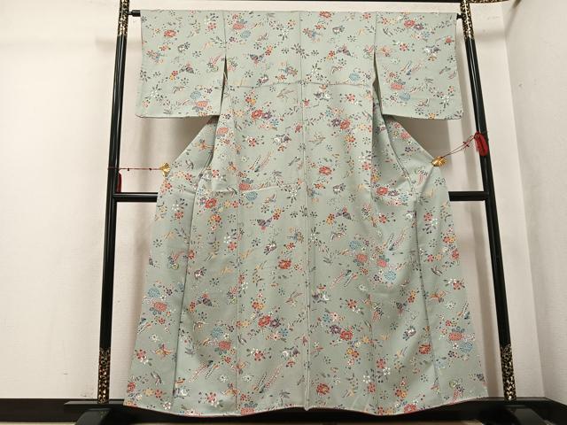 平和屋着物●上質な小紋　型染め　飛鶴草花文　正絹　逸品　AABK5307ph