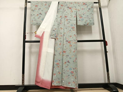 平和屋着物●上質な小紋　型染め　飛鶴草花文　正絹　逸品　AABK5307ph