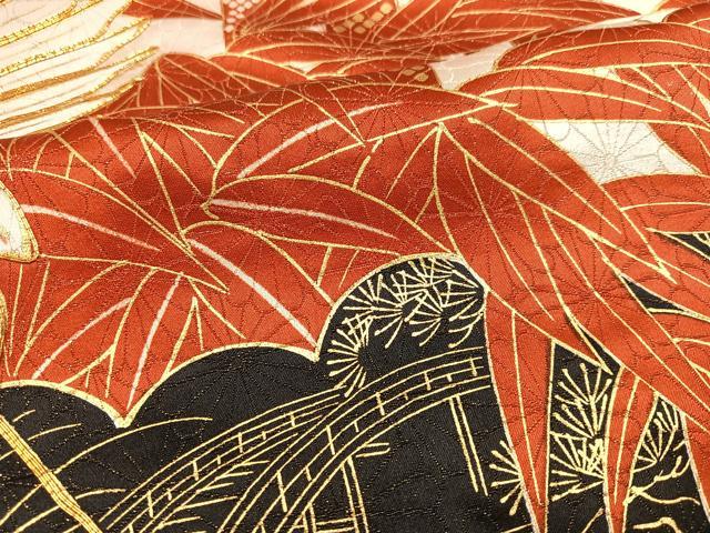平和屋着物●豪華振袖　駒刺繍　飛鶴風景草花文　金彩　金通し地　正絹　逸品　AABK5311ph