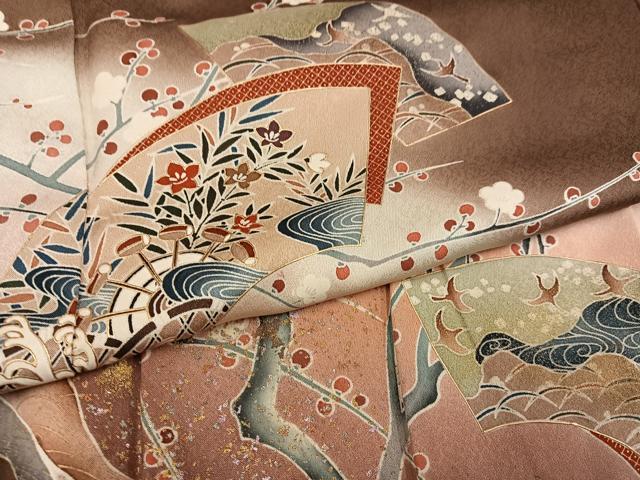 平和屋着物●訪問着　地紙飛鳥花文　暈し染め　金銀彩　正絹　逸品　未使用　AABK5315ph