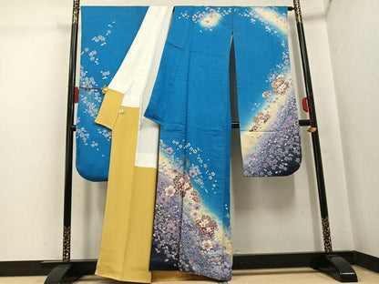 平和屋着物●豪華振袖　絞り　舞桜文　暈し染め　金彩　銀通し地　正絹　逸品　AABK5323ph
