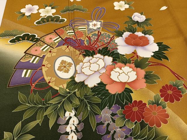 平和屋着物●豪華振袖　駒刺繍　檜扇楽器草花文　暈し染め　金彩　正絹　逸品　AABK5330ph