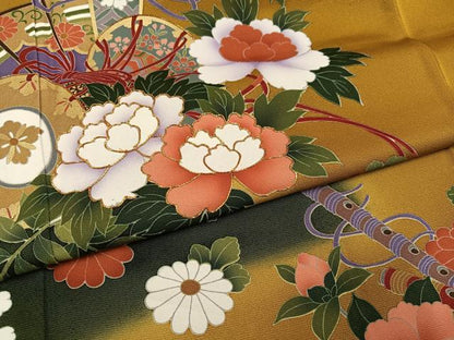 平和屋着物●豪華振袖　駒刺繍　檜扇楽器草花文　暈し染め　金彩　正絹　逸品　AABK5330ph
