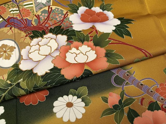 平和屋着物●豪華振袖　駒刺繍　檜扇楽器草花文　暈し染め　金彩　正絹　逸品　AABK5330ph