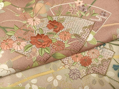 平和屋着物●訪問着　中国三大刺繍　汕頭刺繍　スワトウ刺繍　地紙花文　金彩　正絹　逸品　AABK5332ph
