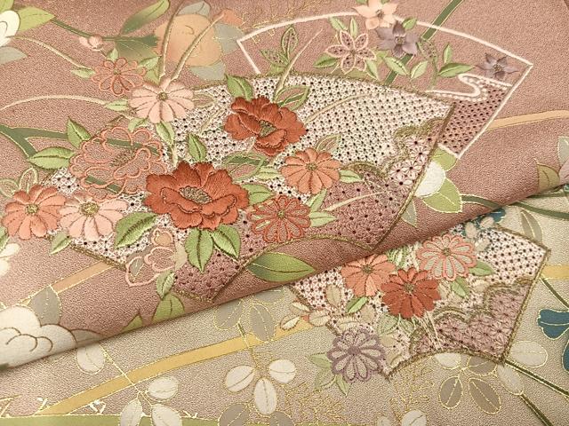 平和屋着物●訪問着　中国三大刺繍　汕頭刺繍　スワトウ刺繍　地紙花文　金彩　正絹　逸品　AABK5332ph