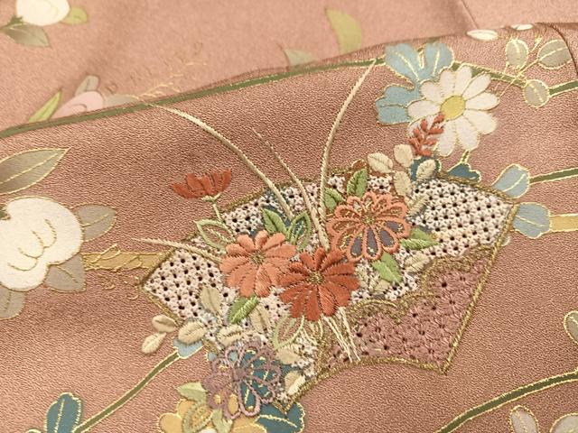 平和屋着物●訪問着　中国三大刺繍　汕頭刺繍　スワトウ刺繍　地紙花文　金彩　正絹　逸品　AABK5332ph