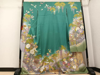 平和屋着物●豪華振袖　駒刺繍　御所車花文　暈し染め　金彩　正絹　逸品　AABK5354ph