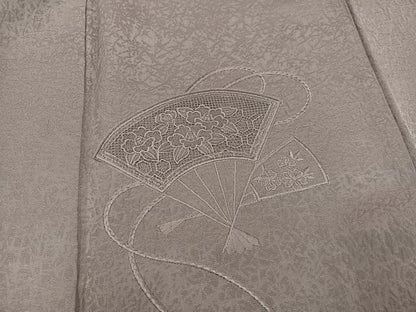 平和屋着物●無地絵羽訪問着　総刺繍　中国三大刺繍　スワトウ刺繍　汕頭刺繍　扇面花地紋　鳩羽鼠色　正絹　逸品　AABK5358ph