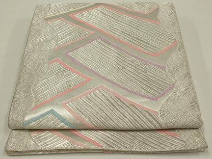 平和屋着物◎六通柄袋帯　唐織　幾何学柄　銀糸　正絹　逸品　AABK5363ou