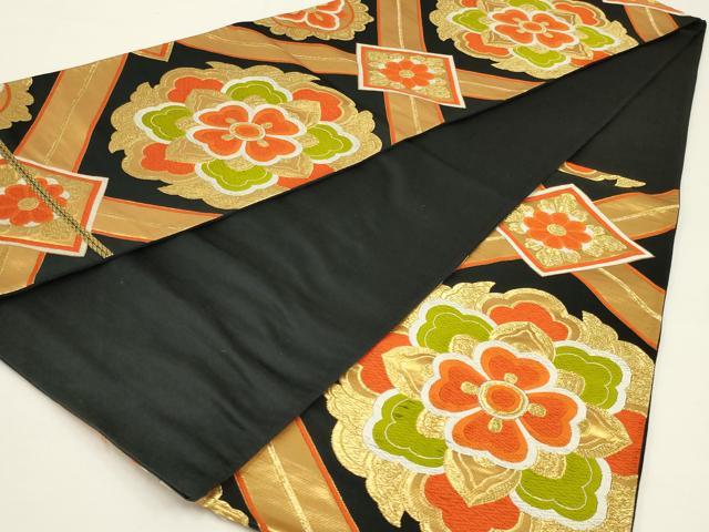 平和屋着物◎六通柄袋帯　唐織　花菱文　黒地　金糸　正絹　逸品　AABK5366ou