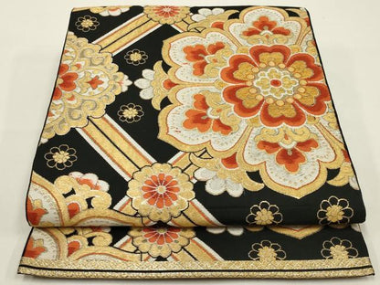 平和屋着物◎六通柄袋帯　唐織　正倉院花文　黒地　金糸　正絹　逸品　AABK5367ou