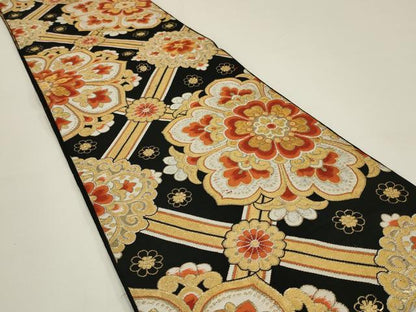 平和屋着物◎六通柄袋帯　唐織　正倉院花文　黒地　金糸　正絹　逸品　AABK5367ou