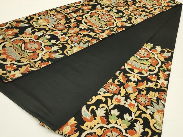 平和屋着物◎六通柄袋帯　唐織　更紗花文　黒地　金銀糸　正絹　逸品　AABK5368ou
