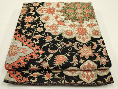 平和屋着物◎六通柄　京袋帯　唐織　更紗花文　黒地　金糸　正絹　逸品　AABK5369ou