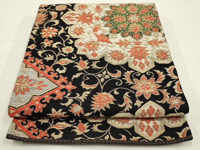 平和屋着物◎六通柄　京袋帯　唐織　更紗花文　黒地　金糸　正絹　逸品　AABK5369ou