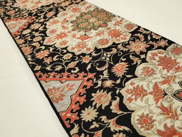 平和屋着物◎六通柄　京袋帯　唐織　更紗花文　黒地　金糸　正絹　逸品　AABK5369ou