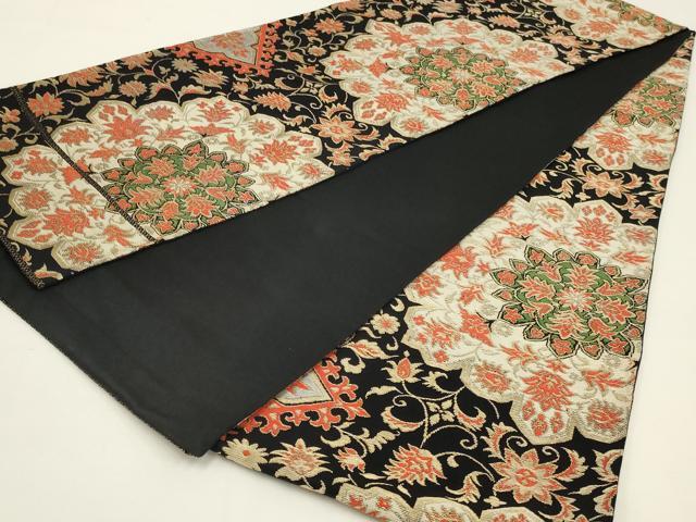 平和屋着物◎六通柄　京袋帯　唐織　更紗花文　黒地　金糸　正絹　逸品　AABK5369ou